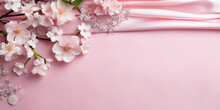 Bouquet Of Flowers,Spring Almond Blossom Flowers And Petals Over Light Pink Background,A Pink Wall With A Pink Background With A Branch That Has White Flowers On It.Almond Blossoms Bouquet On Pink 