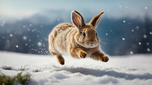 A Brown Rabbit Running Alone Through A Snowy Forest. A Snowy Midwinter Landscape. Generative Ai
