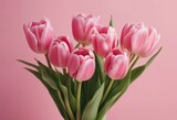 Fototapeta Tulipany - Beautiful composition spring flowers Bouquet of pink tulips flowers on pastel pink background Valentine's Day