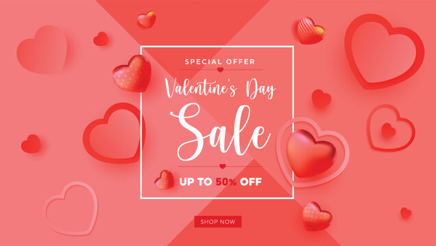Happy Valentine's Day Sale Poster or banner with symbol of heart and valentine elements on pink background. Promotion and shopping template for love and Valentine's day concept