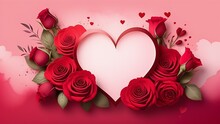Red Hearts On The Right On A Pink Background With A Free Space In The Middle And Red Roses On The Left On A Pink Background