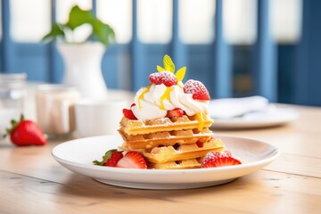 Sticker - stack of belgian waffles with fresh strawberries and whipped cream