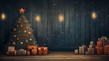 Christmas illustration: Christmas tree and presents, garlands mockup on the blue wood background texture. Horizontal banking background for web. Photo AI Generated