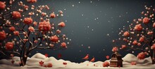 Christmas Digital Art Mockup: Japanese Winter With Snow, Blooming Red Trees, Birds On Dark Background Texture. Horizontal Banking Background For Web. Photo AI Generated