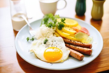 Poster - a plate of sausages with sunny side up eggs