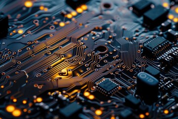 Poster - A detailed close-up of a computer circuit board. Ideal for technology-related designs and concepts