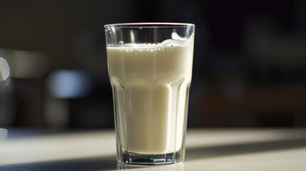 Poster - A glass of milk sitting on a table. Suitable for food and beverage concepts