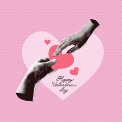 Trendy Halftone Collage Two Hands holding floating Hearts. Social media banner or cover. Happy Valentine and Mother Day. Share love. Contemporary vector illustration art