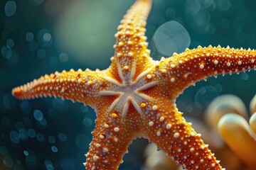 Poster - A detailed view of a starfish immersed in water. Ideal for marine life educational materials or beach-themed designs