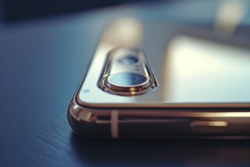 Poster - Close up of a cell phone on a table. Suitable for technology and communication concepts