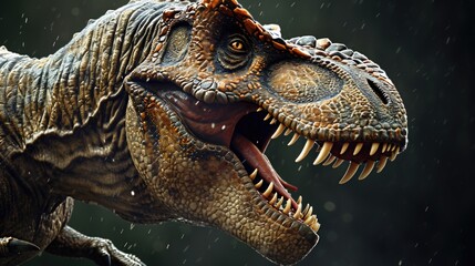 Poster - A detailed close-up shot of a dinosaur with its mouth wide open. This image can be used to depict prehistoric creatures or as a visual representation of roaring or aggression