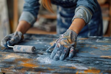 Poster - A woman is seen painting on a wooden table. This image can be used for various creative and artistic projects