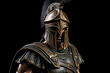 Bronze statuette of the Roman war greek Sparta type helmet roman warrior Warrior wearing iron helmet and warrior old metal shield. Ancient warrior isolated on white background