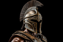 Bronze Statuette Of The Roman War Greek Sparta Type Helmet Roman Warrior Warrior Wearing Iron Helmet And Warrior Old Metal Shield. Ancient Warrior Isolated On White Background