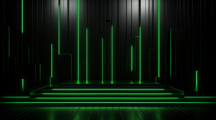 Poster - Dark simple futuristic abstract background with green neon lights.
