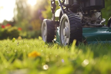 Poster - A lawn mower sitting on top of a lush green field. Suitable for landscaping, gardening, or outdoor maintenance projects