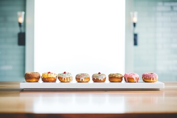Wall Mural - donuts lined up on a wooden counter