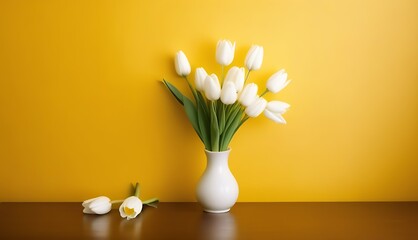 Aufkleber - a white porcelain vase with a bouquet of fresh tulips on a wooden table and a yellow background with a free place to insert text