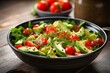Nourishing vegan dish: refreshing salad with avocado and tomato in a bowl. Generative AI