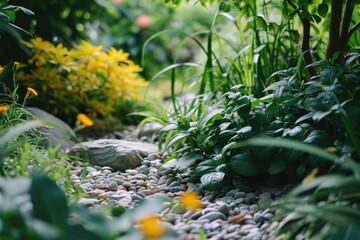 Poster - A beautiful stream flowing through a vibrant green forest. Perfect for nature and landscape enthusiasts