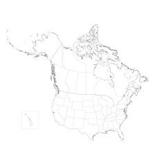 Sticker - Political map of Canada and United States of America with administrative divisions. Thin black outline map with countries and states name labels. Vector illustration