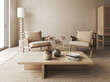 Contemporary living space with two designer armchairs, textured floor lamp, and simple wooden coffee table on a beige rug