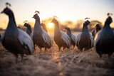 Fototapeta  - shadows of a flock of guinea fowls at sunset