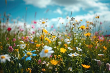 Poster - A picturesque field of colorful flowers with a clear blue sky in the background. Perfect for adding a touch of nature and beauty to any project