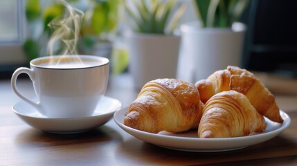 Aufkleber - A delicious plate of croissants accompanied by a hot cup of coffee. Perfect for breakfast or a morning snack