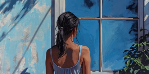 Aufkleber - A painting of a woman gazing out of a window. Perfect for adding a touch of contemplation and serenity to any space
