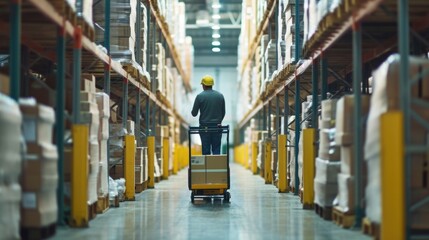 Poster - A man is pictured with a cart in a warehouse. This image can be used to illustrate concepts related to transportation, logistics, and storage