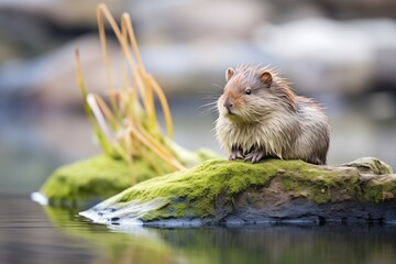 Sticker - muskrat sitting on rock at pond boundary