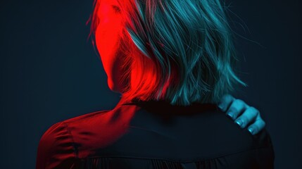 Poster - A woman with a red light shining on her face. Can be used for concepts related to mystery, danger, or creativity