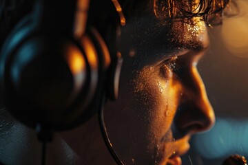 Poster - Person wearing headphones up close. Perfect for music-related projects