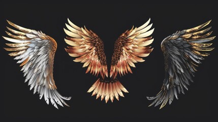 Poster - Pair of gold and silver wings on a black background. Suitable for various design projects
