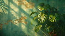 Full Shot Of Trailing Giant Monstera Variegata Plant Shot Growing On An Old Wall With Painted Renaissance Frescoes