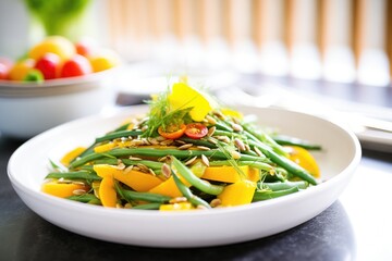 Poster - lush butternut squash salad with thin green bean slices, toasted sunflower seeds, yellow bell pepper