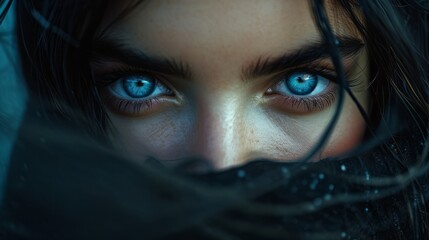 Wall Mural - A mysterious lady with piercing glacier blue eyes, shrouded with dark aura, haunting, minimal lighting, dark, depth of field