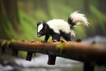 Skunk With Bushy Tail Crossing A Log Bridge