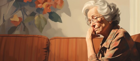 Wall Mural - Elderly woman worried and stressed, thinking about own problems, sitting on sofa.