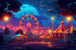 Funfair and carnival rides and attractions glowing at night