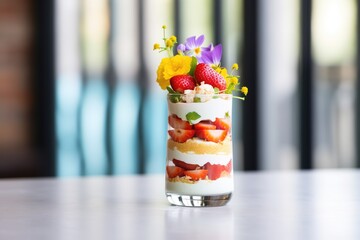 Canvas Print - layered parfait in glass, strawberries on top, mint leaf garnish