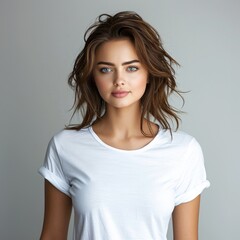 Poster - Beautiful woman with white t-shirt on plain background. Generative AI.