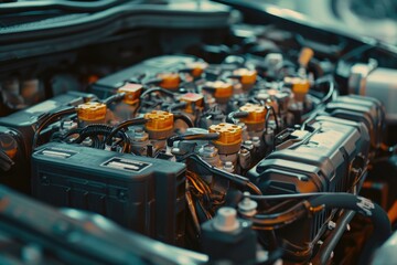 Poster - A detailed view of a car's engine bay. Perfect for automotive enthusiasts and mechanics looking for a close-up shot of an engine.