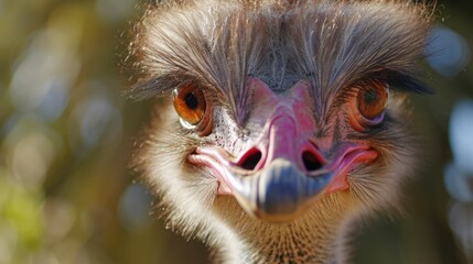 Poster - A close-up view of an ostrich's face with a blurry background. Suitable for various uses