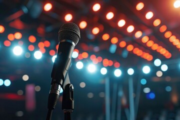 Canvas Print - A picture of a microphone with colorful lights in the background. Ideal for use in music events or performances