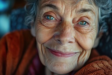 Wall Mural - A friendly older woman with grey hair smiling for the camera. Perfect for lifestyle blogs, senior care brochures, and advertisements targeting an older demographic