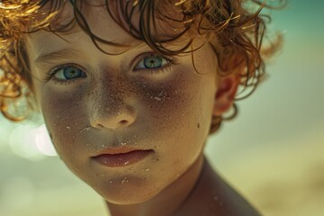 Canvas Print - A close up shot of a child's face with prominent freckles. This image can be used to depict innocence, childhood, or diversity