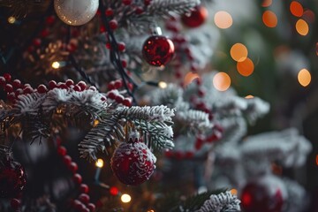 Poster - A close-up view of a Christmas tree with twinkling lights. Perfect for holiday-themed designs and festive decorations
