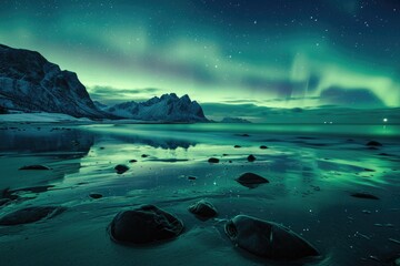 Poster - Aurora lights shining brightly in the sky above the water. Perfect for nature and astronomy enthusiasts
